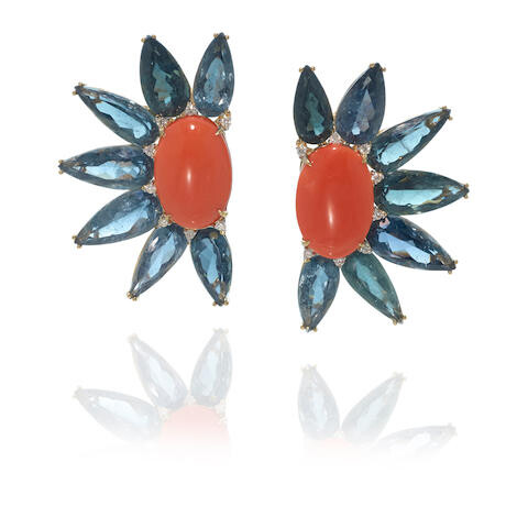 Pair of Coral, Tourmaline and Diamond Ear Clips