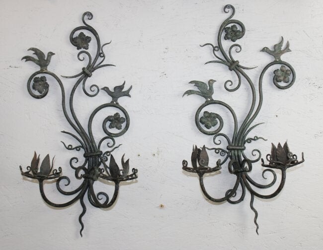 Pair of French wrought iron sconces with birds