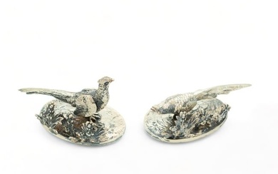 Pair of German Sterling Silver Miniature Pheasants, Male & Female in Foliage, H 2" W 3.25" Depth