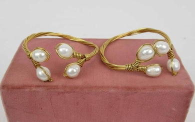 Pair of Gold Tone Wire & Pearl Bangle Bracelets