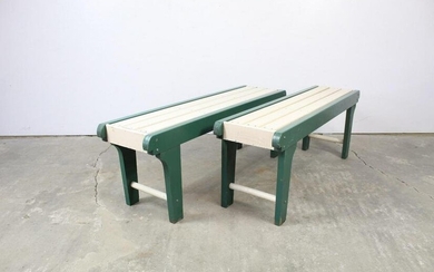 Pair of Handmade Painted White & Green Wood Benches