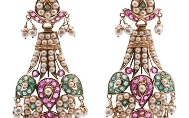 Pair of Indian 18k Gold, Ruby, Emerald and Pearl Earrings
