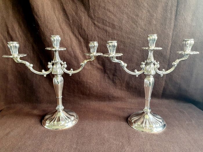 Pair of Large Spanish Candlestick with Three Branches Sterling Silver - Silver - Spain - First half 20th century