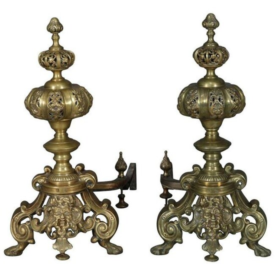 Oversized French Baroque Brass Fireplace Chenets