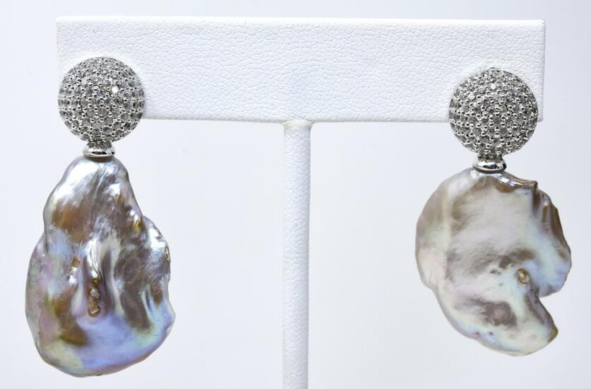 Pair of Pave & Keshi Baroque Pearl Earrings