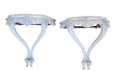 Pair of Rococo Style Blue-Painted Console Tables