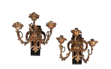 Pair of Rococo Style Gilt Gessoed Carved Wood and Wrought Iron Three-Light Sconces, Italian, Possibly Tuscan, 18th to 19th Century