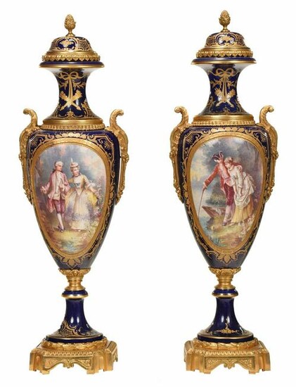 Pair of Sevres Bronze Mounted Porcelain Urns
