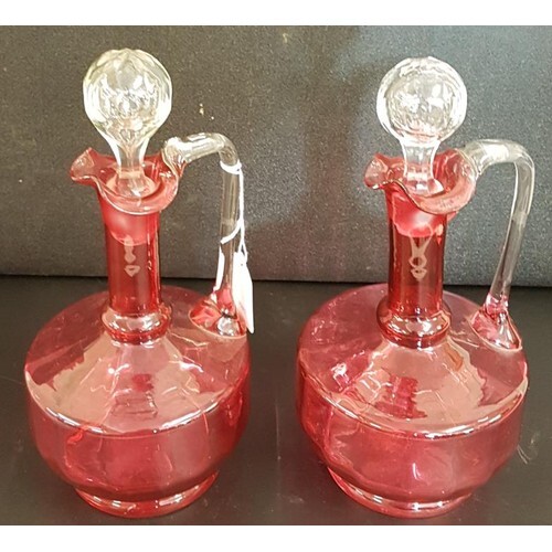 Pair of Victorian Ruby Glass Claret Jug Decanters with Origi...