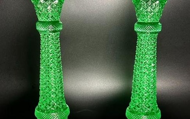 Pair of Westmoreland Green Hobnail Depression Vaseline - Uranium Glass Candlesticks