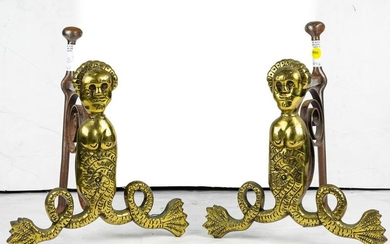 Pair of brass mermaid form andirons