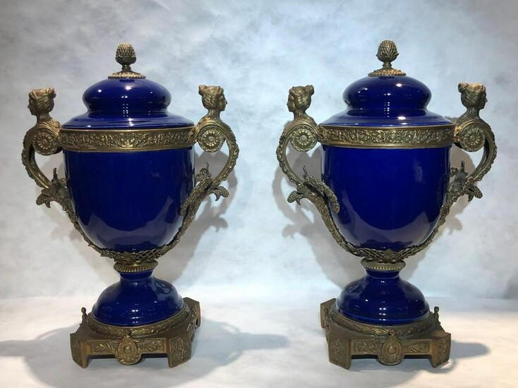 Pair of bronze mounted cobalt porcelain vases with