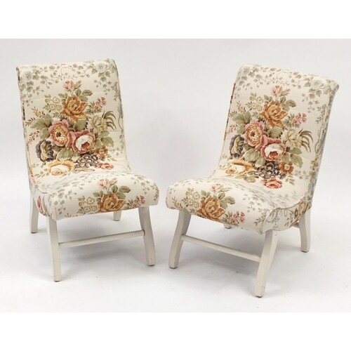 Pair of cream painted bedroom chairs with floral upholstery,...