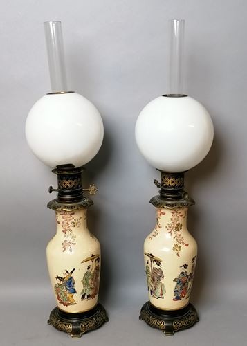 Pair of earthenware lamps decorated with geishas and...