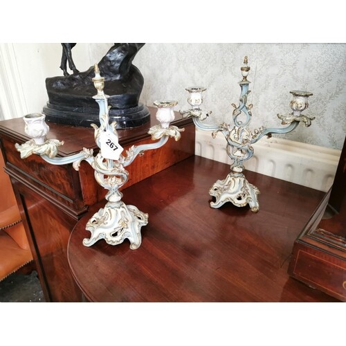 Pair of painted metal two branch table candelabra in the Fre...