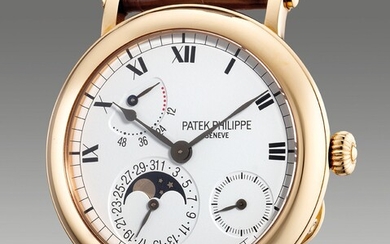 Patek Philippe, Ref. 5054R-001 A fine and attractive pink gold wristwatch with date, power reserve indication, moon phases, officer-style case, Certificate of Origin and presentation box