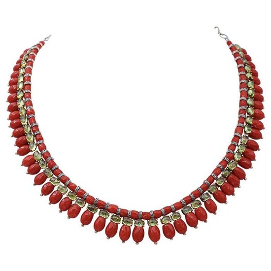Pink gold, Silver - Necklace - Diamonds, Peridots, Coral