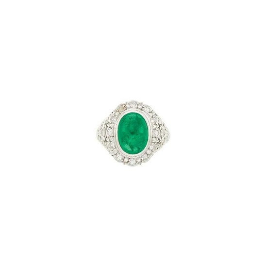 Platinum, Cabochon Emerald and Diamond Ring