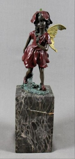 Polychrome Bronze Figure Of Girl On Marble Base