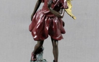 Polychrome Bronze Figure Of Girl On Marble Base