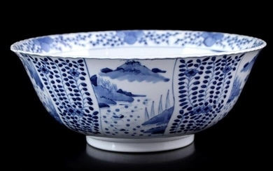 Porcelain bowl with blue decor of landscapes and floral