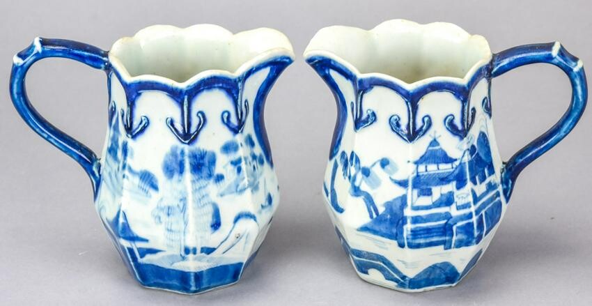 Pr Chinese Canton Blue & White Porcelain Pitchers