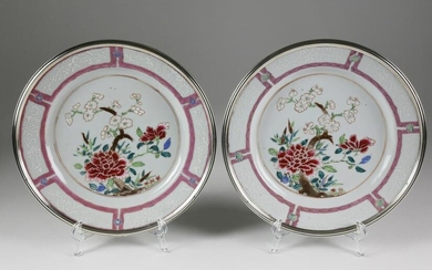 Pr Chinese Export Silver-Mounted Famille Rose Plates
