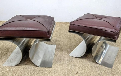 Pr MICHEL BOYER Stainless Steel X Benches. Upholstered