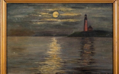 Primitive Painting of a Moonlit Lighthouse.