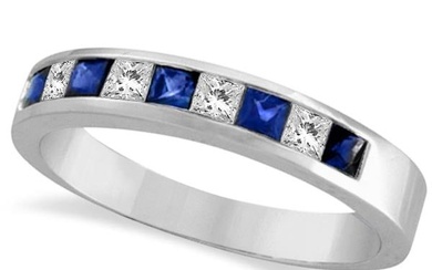 Princess-Cut Channel-Set Diamond and Sapphire Ring Band 14k White Gold