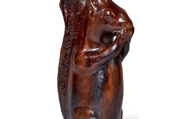 RARE MORAVIAN REDWARE LEAD-GLAZED SQUIRREL BOTTLE, ATTRIBUTED TO RUDOLPH CHRIST, SALEM, NORTH CAROLINA, EARLY 19TH CENTURY