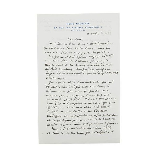 RENÉ MAGRITTE (1898-1967) LETTRE AUTOGRAPHE SIGNÉE à André BOSMANS. Bruxelle...