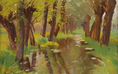 Raoul DOSQUE (1860-1937) Bruges. Ruisseau sous les saules Huile sur panneau signé en bas à...
