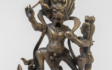 Rara scultura in bronzo raffigurante Yama e Yami su bufalo e demone...