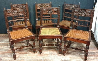Rare series of 6 Renaissance chairs - decorated with Asian goddesses and elephants - Walnut - Mid 19th century