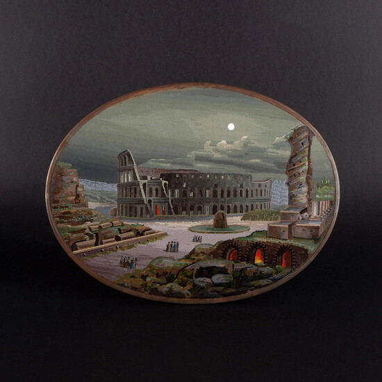 Raro micromosaico ovale con raffigurazione notturna del Colosseo