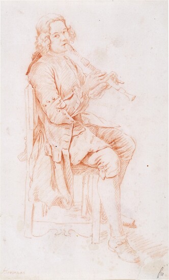 Recto: Study of a man, seated, playing the recorder Verso: Study of a young woman, seated, in profile and a study of a man playing the horn, Jan Josef Horemans the Younger