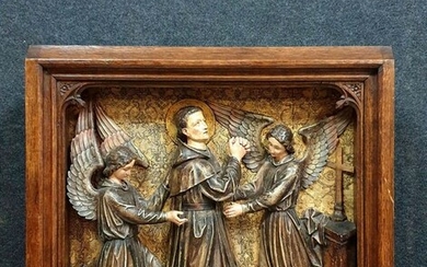Relief, large religious scene in a frame - 59 x 60 cm - Wood, carved, gilded, and polychrome wood - 19th century