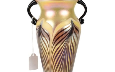 Rick Strini Art Glass Vase with Iridescent Pulled Feather Design - Signed at underside of foot and