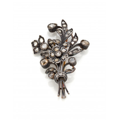 Rose cut diamond, silver and gold floral brooch, g 15.20 circa, length cm 5.50 circa. (defects and losses)