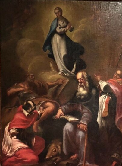 SCUOLA BOLOGNESE inizi del XVII secolo - Vergine Maria con gruppo di santi