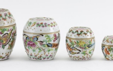 SET OF FIVE NESTING CHINESE PORCELAIN BOXES In drum form, with a butterfly and flower design. Heights from 1.5" to 4.5". Collected b...