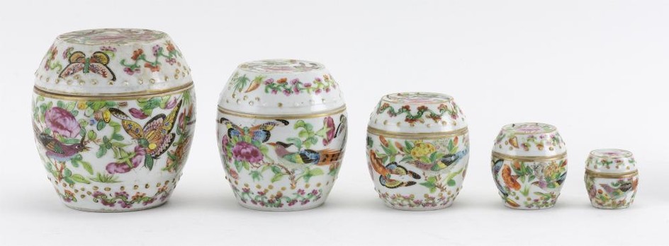 SET OF FIVE NESTING CHINESE PORCELAIN BOXES In drum form, with a butterfly and flower design. Heights from 1.5" to 4.5". Collected b...