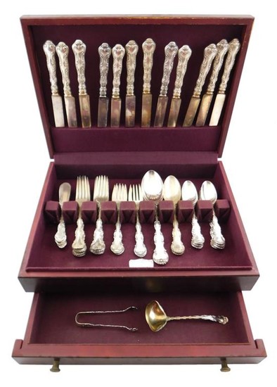SILVER: Gorham "Strasbourg" pattern sterling flatware in fitted box, fifty-two pieces, including: twelve dinner forks, 6 3/4" l.; tw...