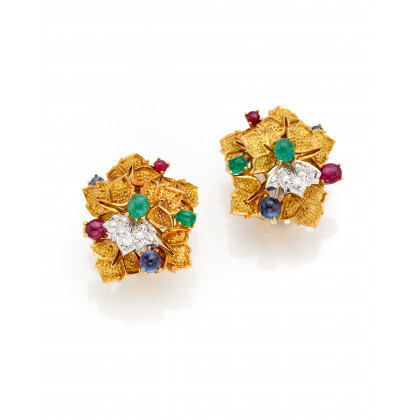 STAURINO Bi-coloured gold and diamond floral earrings finished with cabochon emeralds, sapphires and rubies, g 25.31 circa, length cm 2.70...