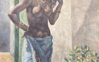 Satish Chandra SINHA (1893-1965) Femme au bord de l'eau Huile sur toile signée en bas...