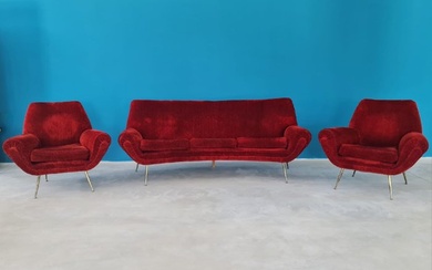 Seating group - Brass, Textiles, Wood, Sofa and two armchairs
