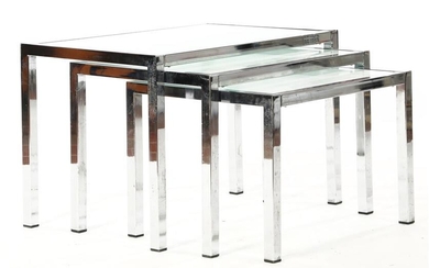 Set of side tables, chromed frame with glass top
