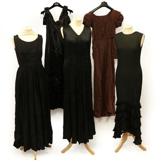 Five Circa 1930's and Later Evening Dresses, comprising a black...