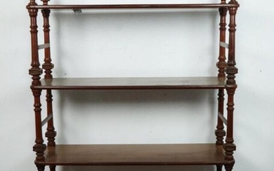 Shelf in mahogany and mahogany veneer, with four shelves, the uprights in turned wood